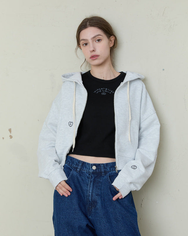 【バーンストア】ooowl /  CROP 2WAY HOOD ZIP UP LOVE WHITE MELANGE