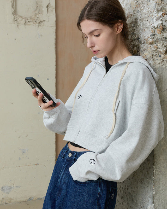 【バーンストア】ooowl /  CROP 2WAY HOOD ZIP UP LOVE WHITE MELANGE