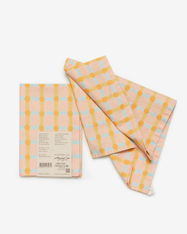 【バーンストア】WARMGREY TAIL / DOT CHECK KITCHEN CLOTH - ORANGE ON PINK キッチンクロス